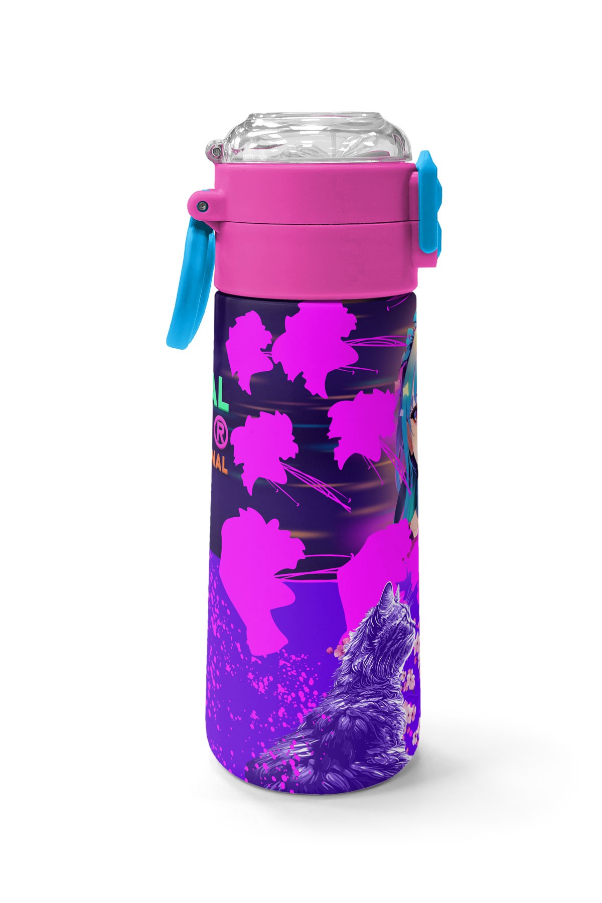 Coral High Kids Mor Pembe Anime Kedi Desenli Pipetli ve Direkt İçim Çelik Termos 500 ml 31954