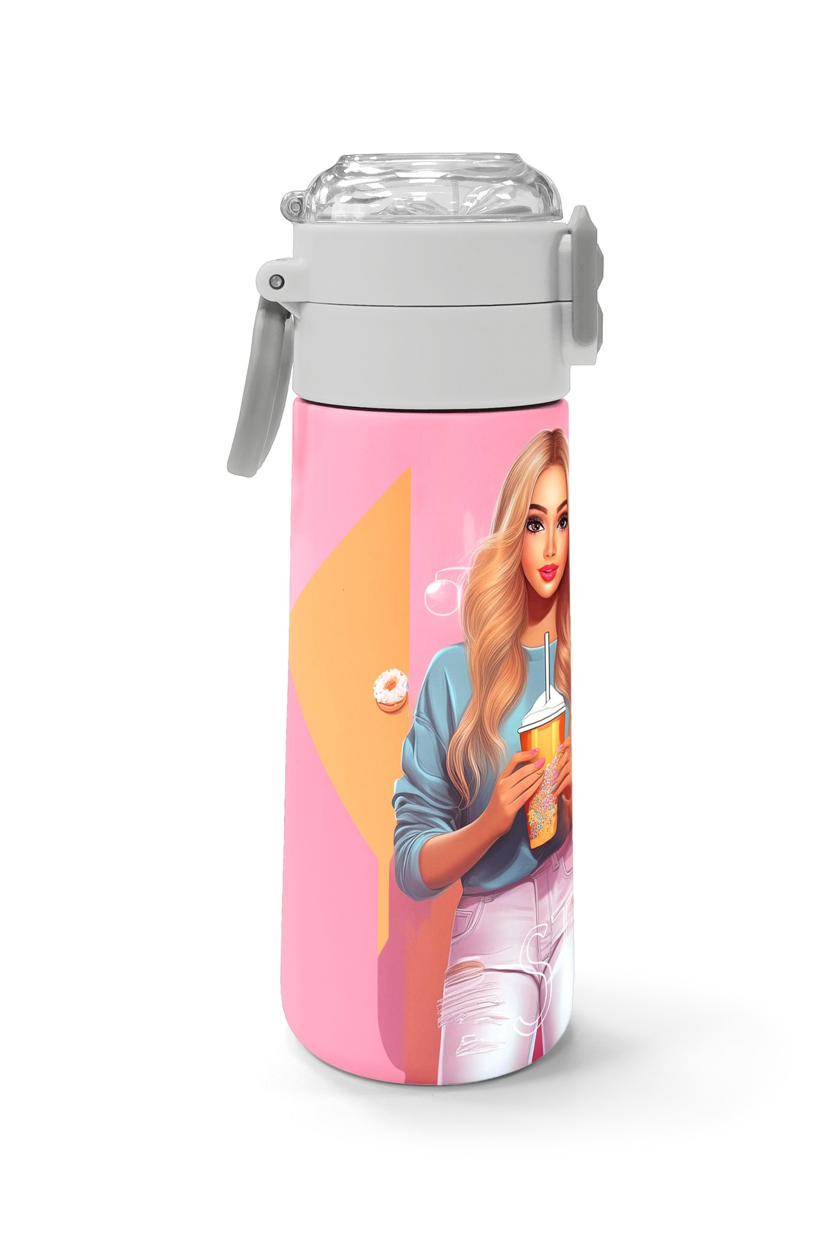 Coral High Kids Pembe Mercan Fashion Girl Desenli Pipetli ve Direkt İçim Çelik Termos 500 ml 31869