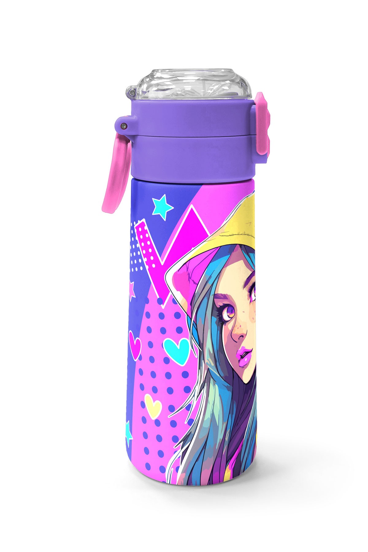 Coral High Kids Lavanta Turkuaz Kulaklı Kız Desenli Pipetli ve Direkt İçim Çelik Termos 500 ml 31835