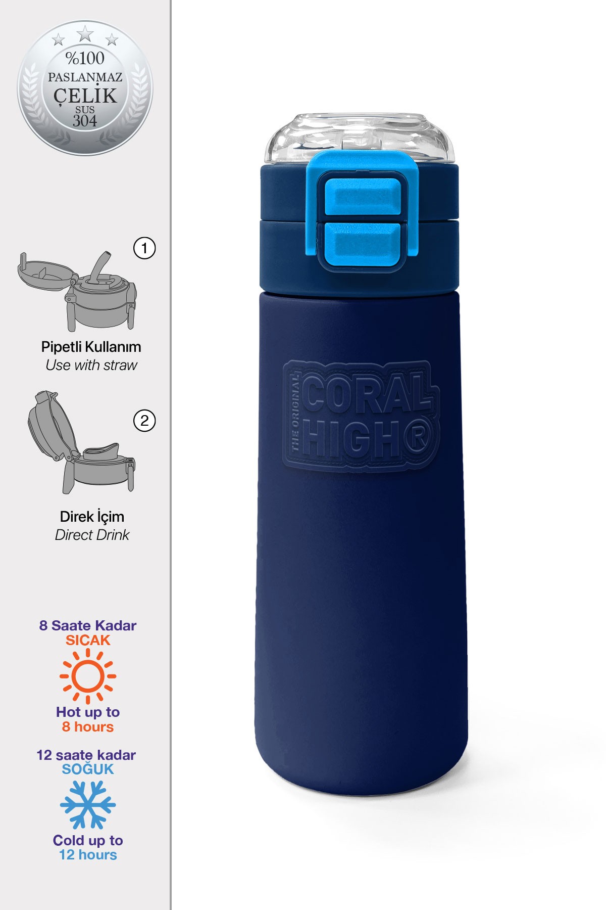 Coral High Kids Lacivert Mavi Pipetli ve Direkt İçim Çelik Termos 500 ml 31828