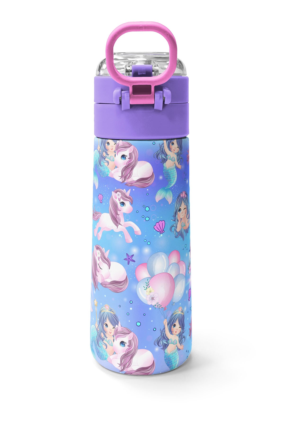 Coral High Kids Mor Pembe Unicorn Deniz Kızı Desenli Pipetli ve Direkt İçim Çelik Termos 500 ml 31982