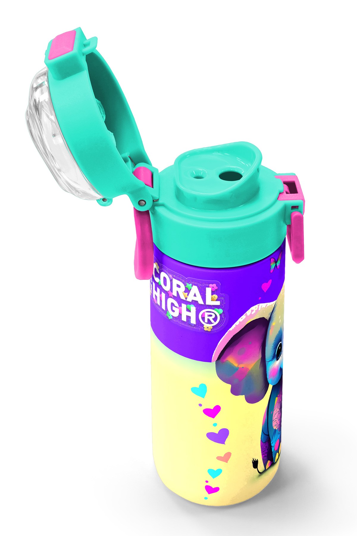 Coral High Kids Pembe Turkuaz Fil Desenli Pipetli ve Direkt İçim Çelik Termos 500 ml 31814