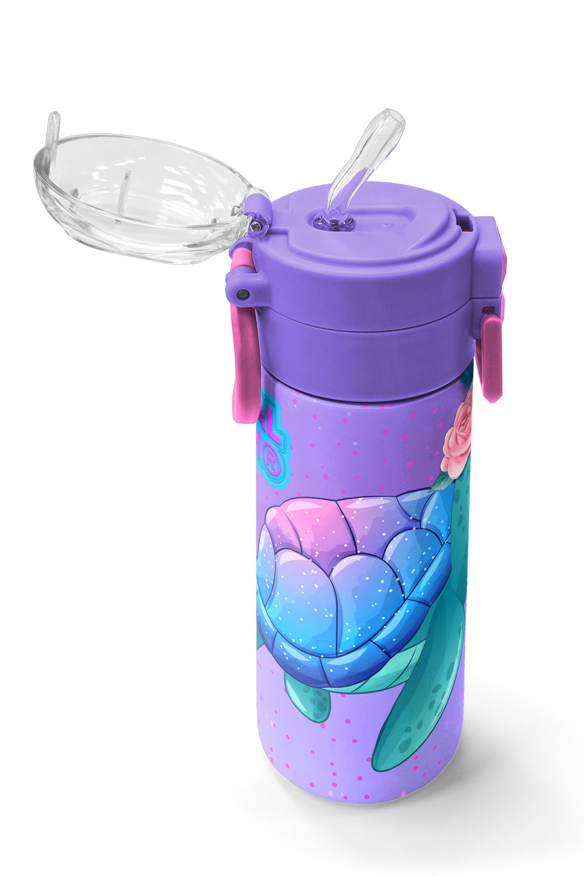 Coral High Kids Açık Pembe Mavi Kaplumbağa Desenli Pipetli ve Direkt İçim Çelik Termos 500 ml 31808