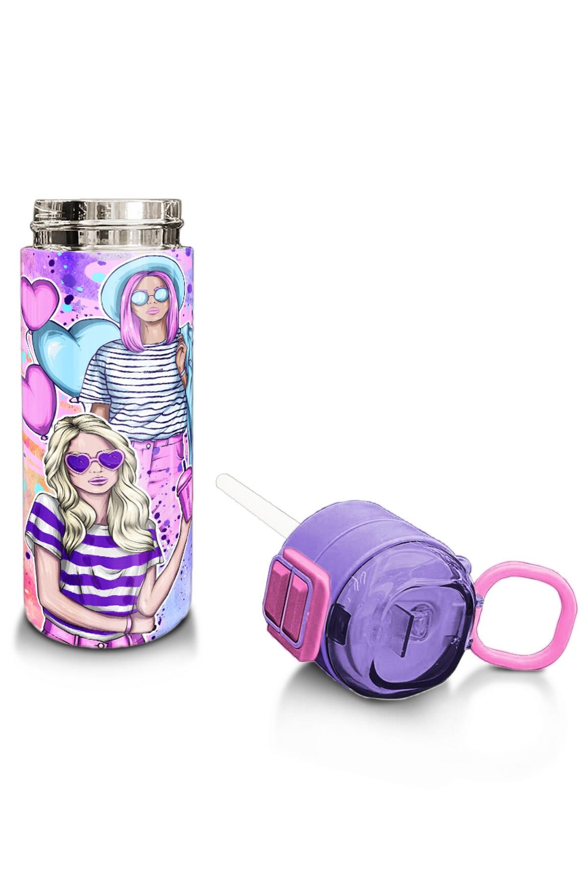 Coral High Kids Pembe Mor Fashion Girl Desenli Pipetli ve Direkt İçim Çelik Termos 500 ml 31956