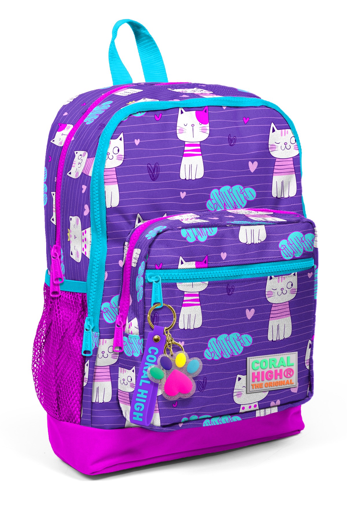 Coral High Kids Mor Pembe Kedi Desenli Dört Bölmeli Okul Sırt Çantası 23464