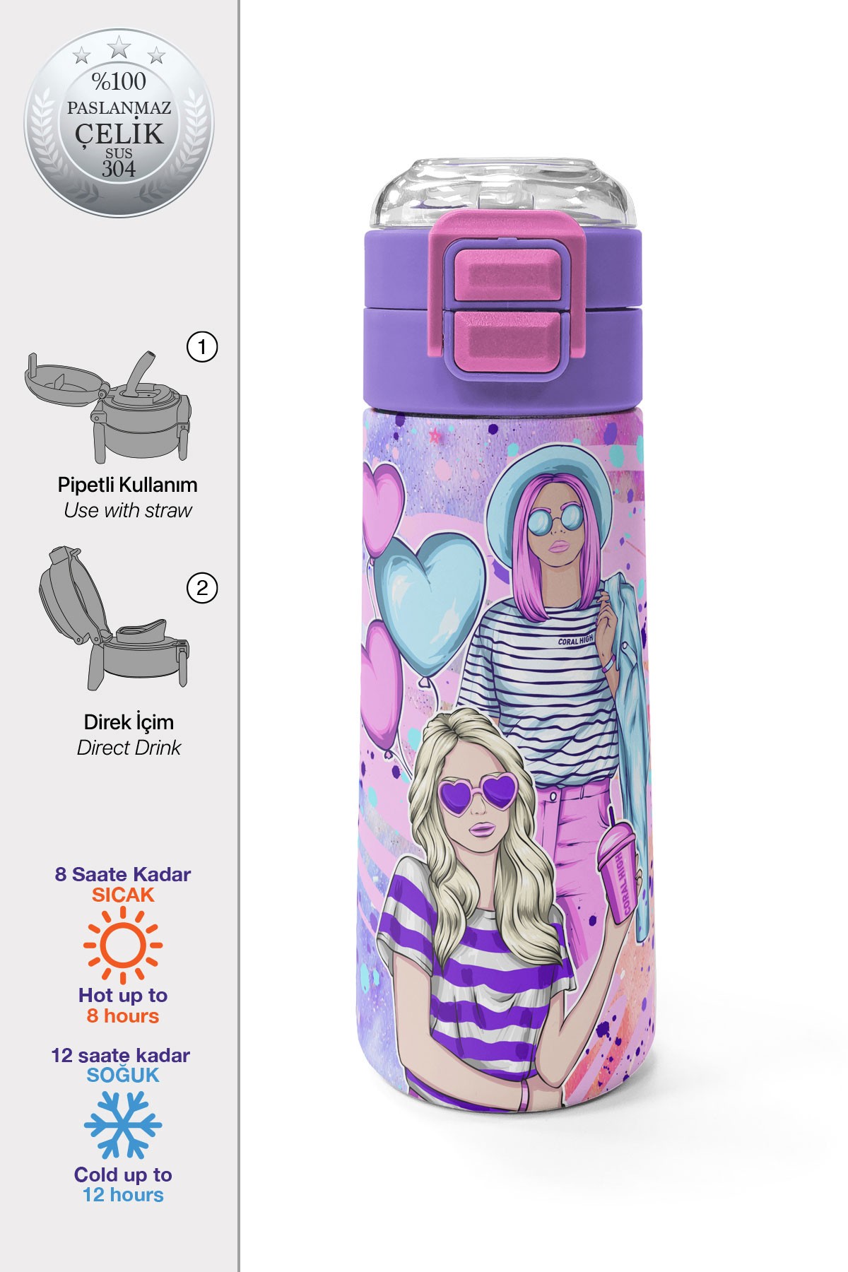 Coral High Kids Pembe Mor Fashion Girl Desenli Pipetli ve Direkt İçim Çelik Termos 500 ml 31956