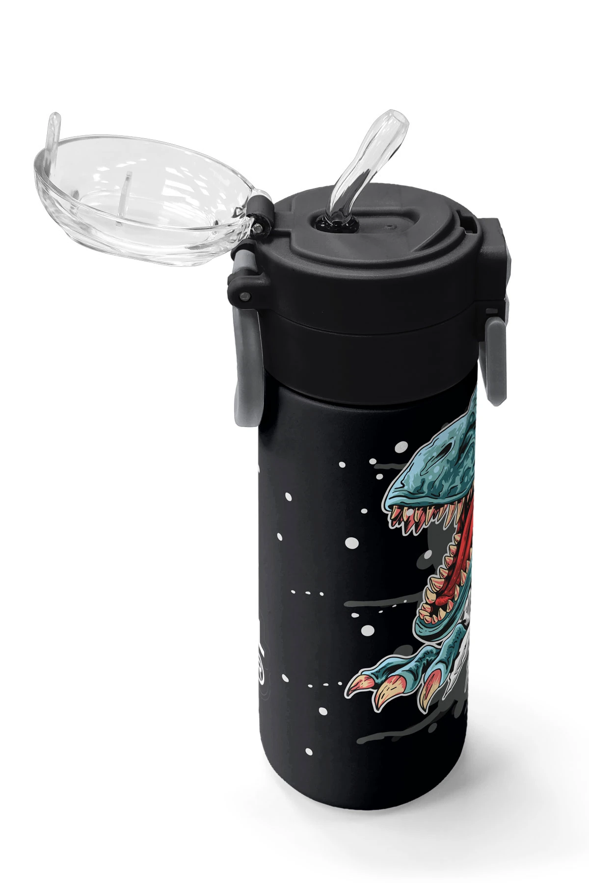 Coral High Kids Koyu Gri Siyah Dinozor Desenli Pipetli ve Direkt İçim Çelik Termos 500 ml 31822