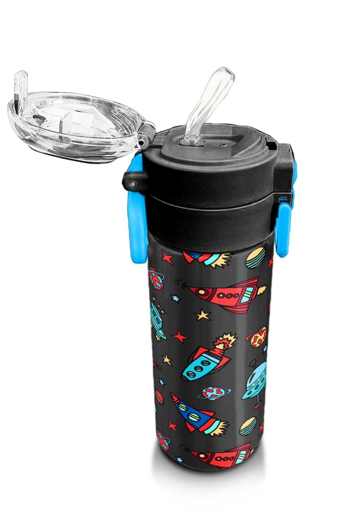 Coral High Kids Koyu Gri Kırmızı Uzay Desenli Pipetli ve Direkt İçim Çelik Termos 500 ml 31916