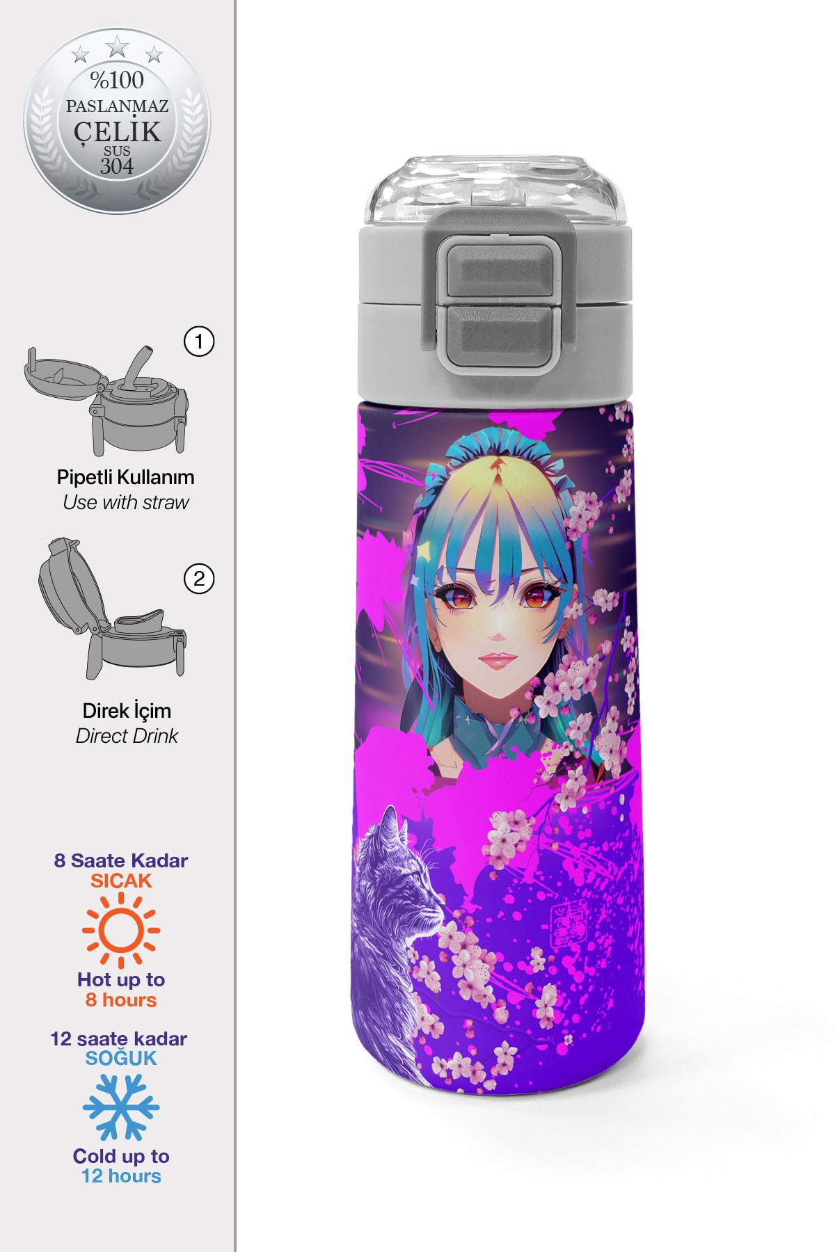 Coral High Kids Mor Pembe Anime Kedi Desenli Pipetli ve Direkt İçim Çelik Termos 500 ml 31954