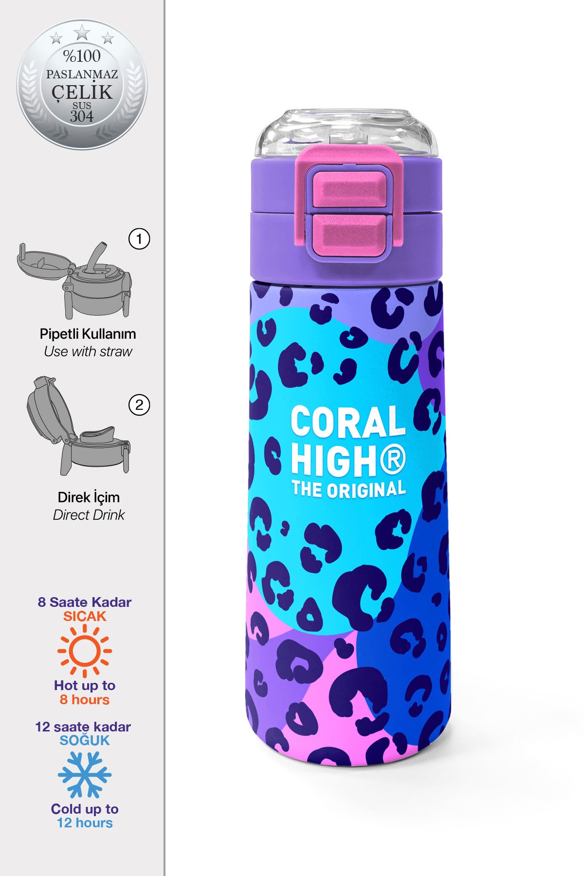 Coral High Kids Mor Leopar Desenli Pipetli ve Direkt İçim Çelik Termos 500 ml 31846