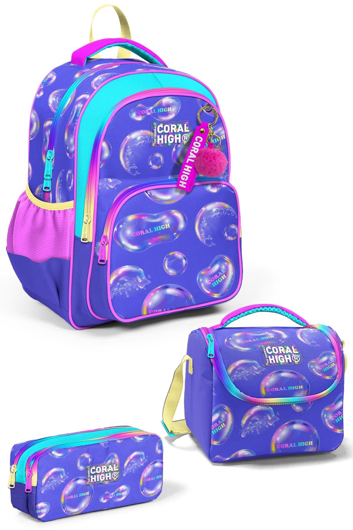 Coral High Kids Lavanta Pembe Baloncuk Desenli 3'lü Okul Çanta Seti SET0123656