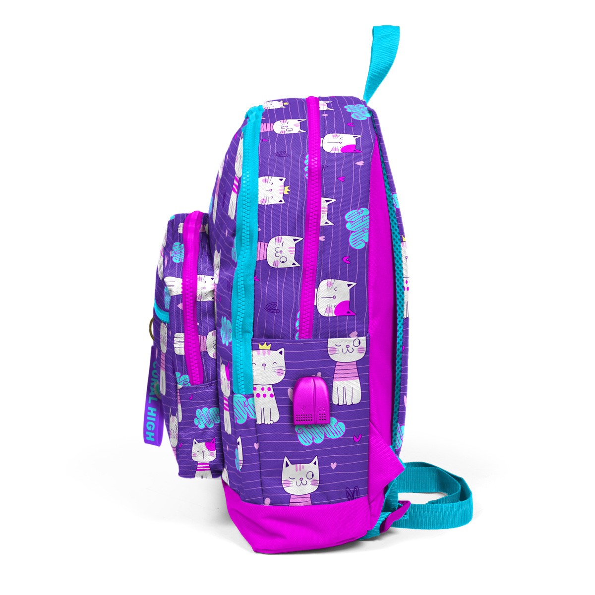 Coral High Kids Mor Pembe Kedi Desenli Dört Bölmeli USB'li Okul Sırt Çantası 23264