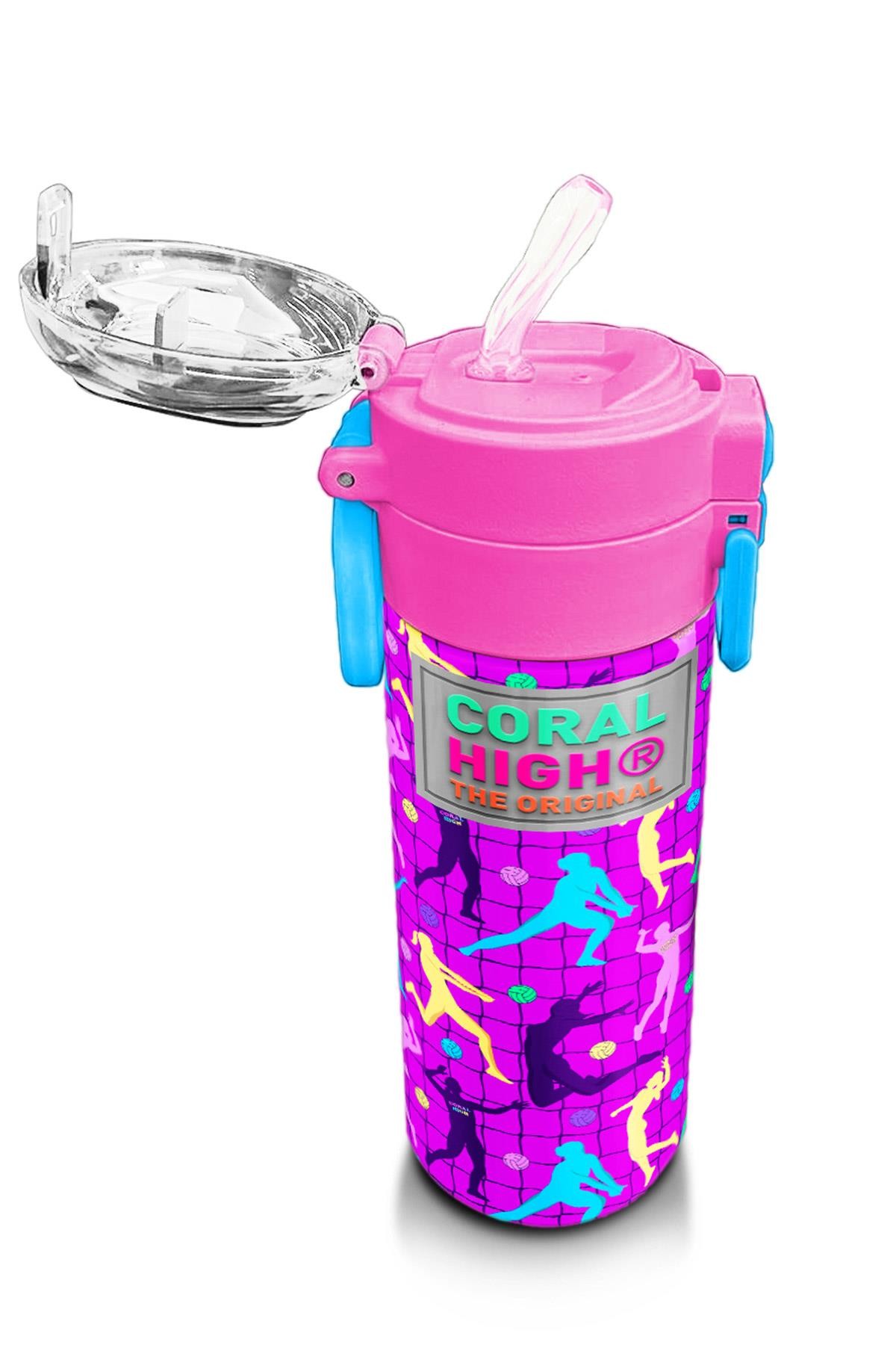 Coral High Kids Pembe Mor Voleybol Desenli Pipetli ve Direkt İçim Çelik Termos 500 ml 31795