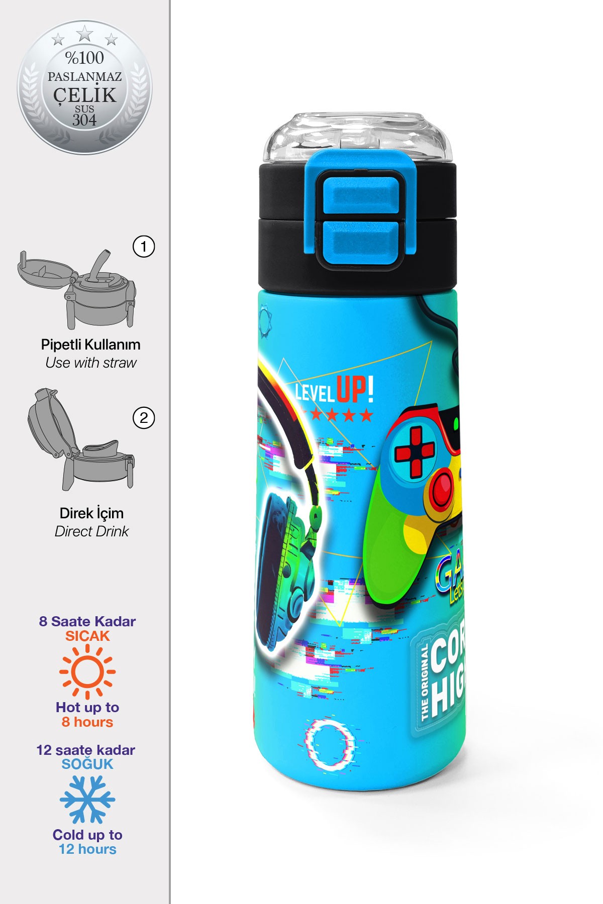 Coral High Kids Kulaklık Game Desenli Pipetli ve Direkt İçim Çelik Termos 500 ml 31841