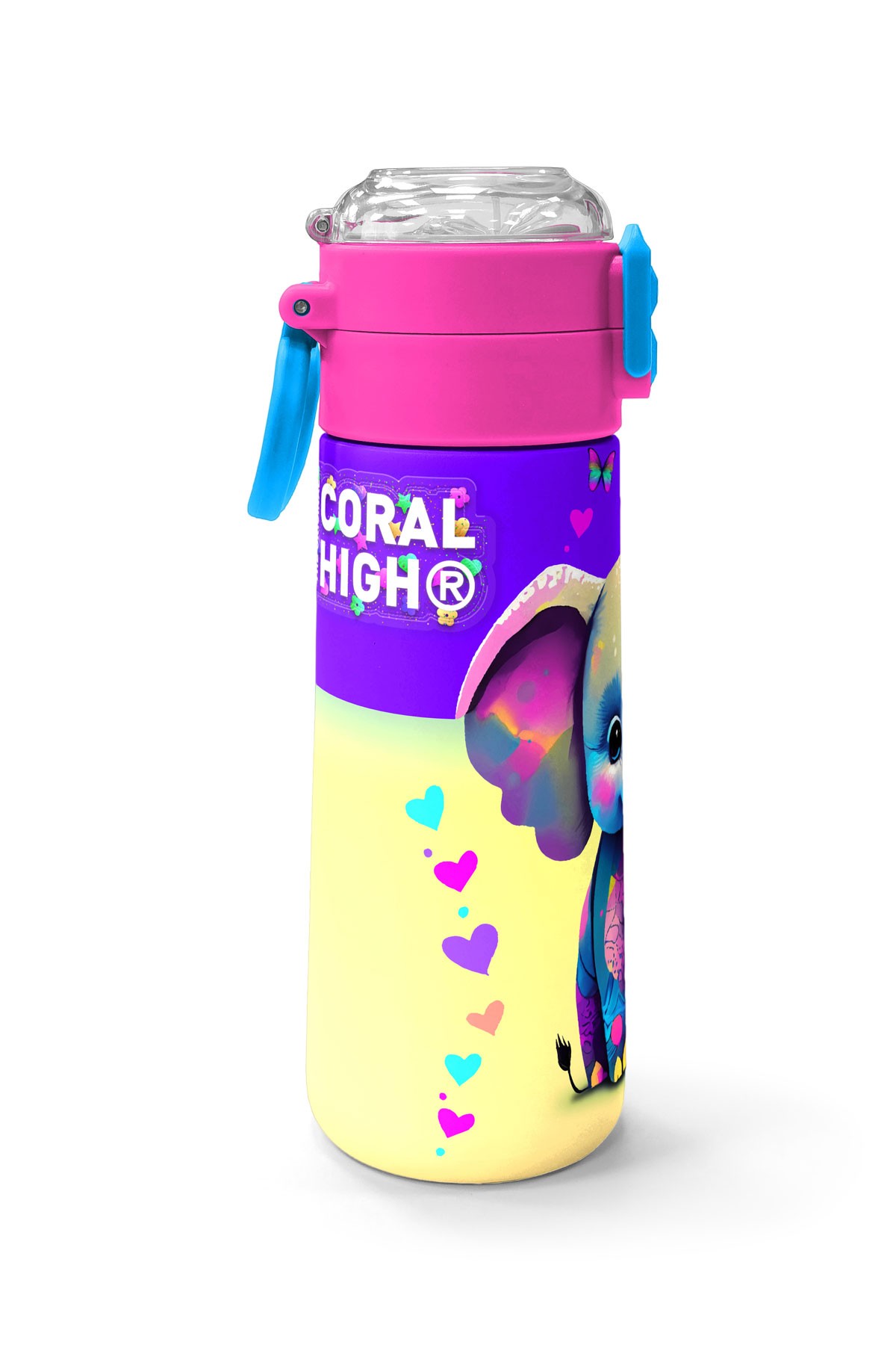 Coral High Kids Pembe Turkuaz Fil Desenli Pipetli ve Direkt İçim Çelik Termos 500 ml 31814