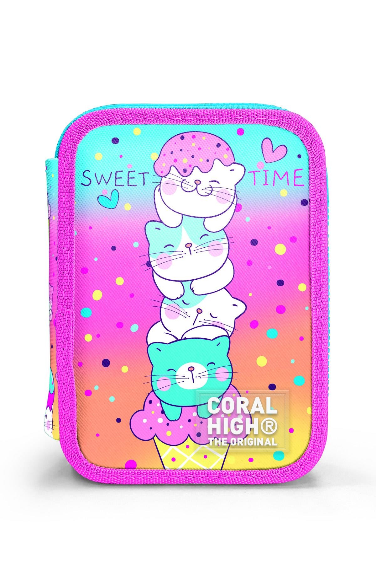 Coral High Kids Renkli Dondurmalı Kedi Desenli Çift Katlı Kalem Çanta 11139