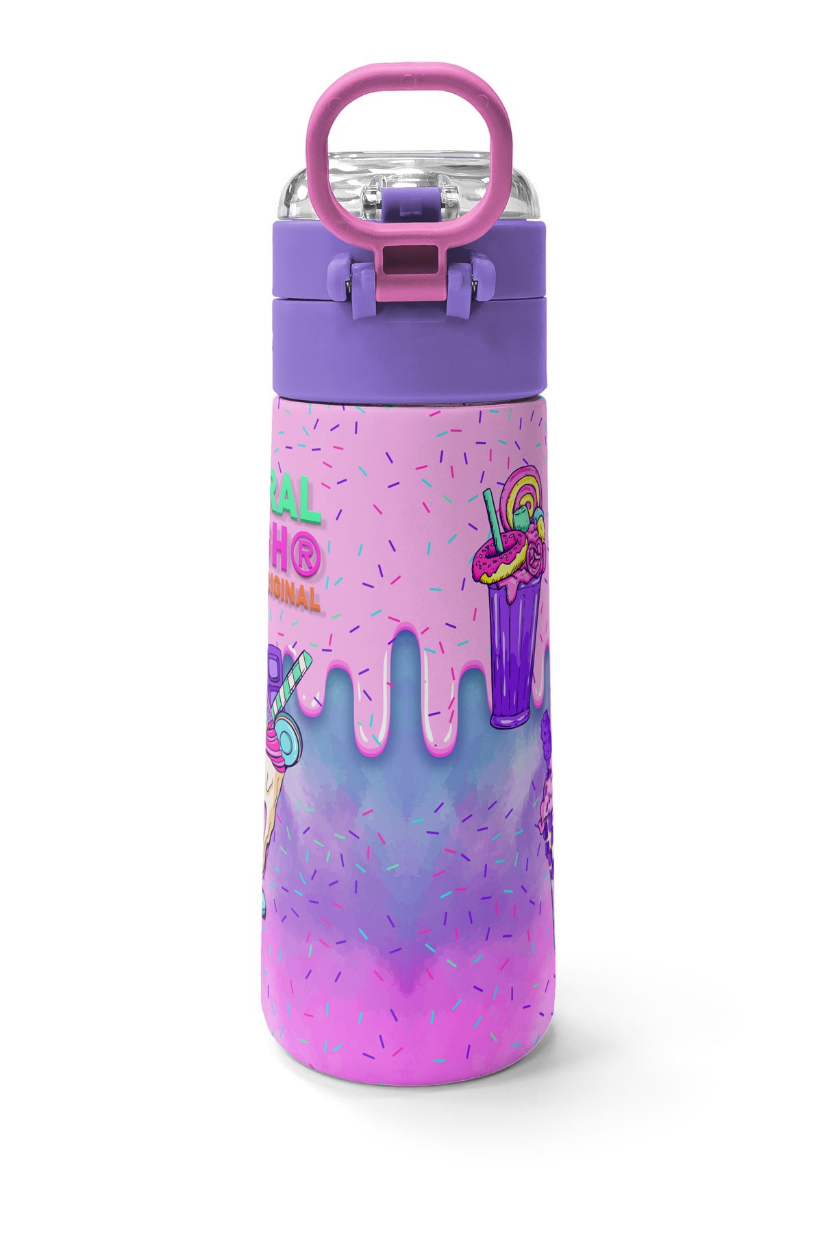 Coral High Kids Pembe Mor Milkshake Dondurma Desenli Pipetli ve Direkt İçim Çelik Termos 500 ml 31950