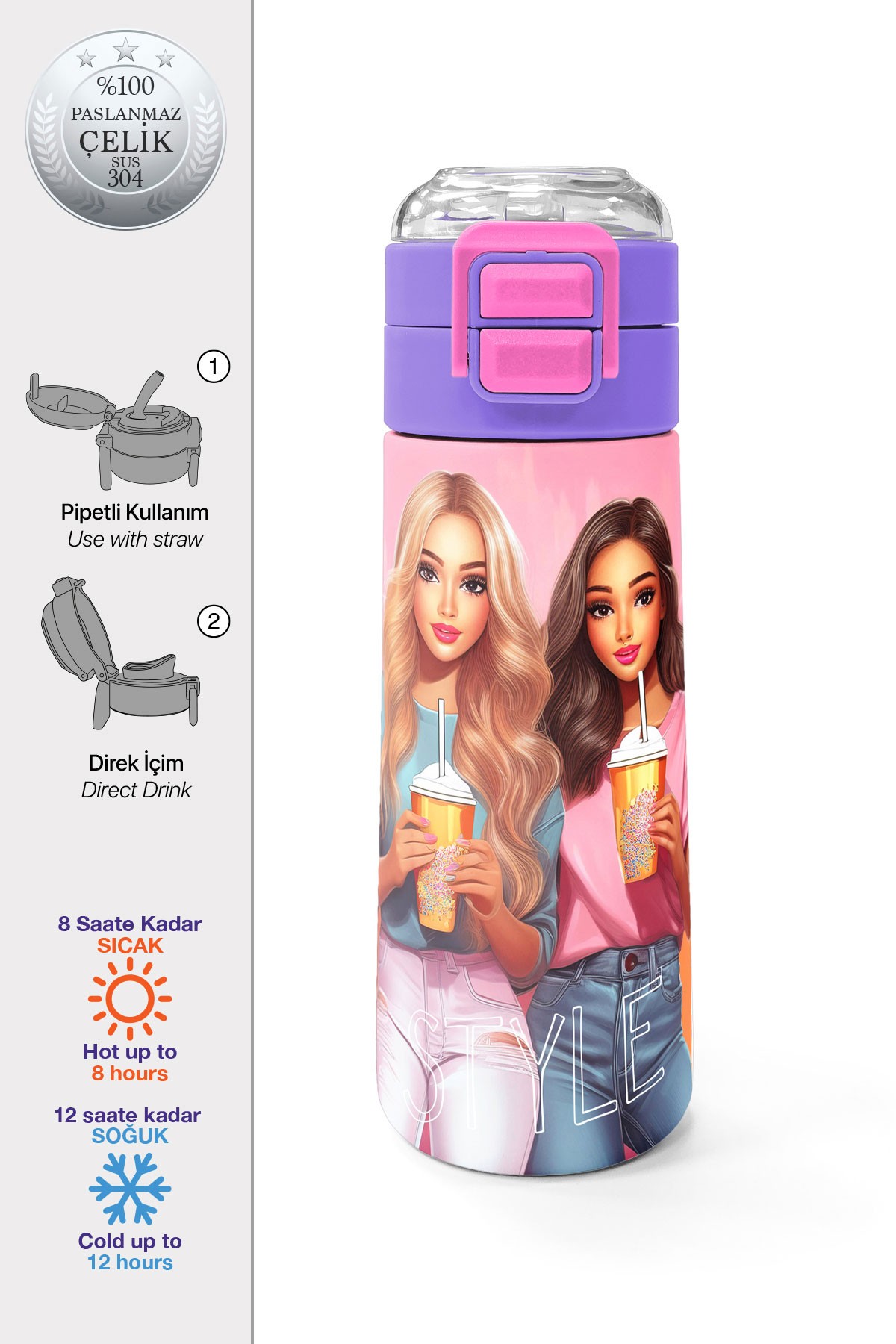 Coral High Kids Pembe Mercan Fashion Girl Desenli Pipetli ve Direkt İçim Çelik Termos 500 ml 31869
