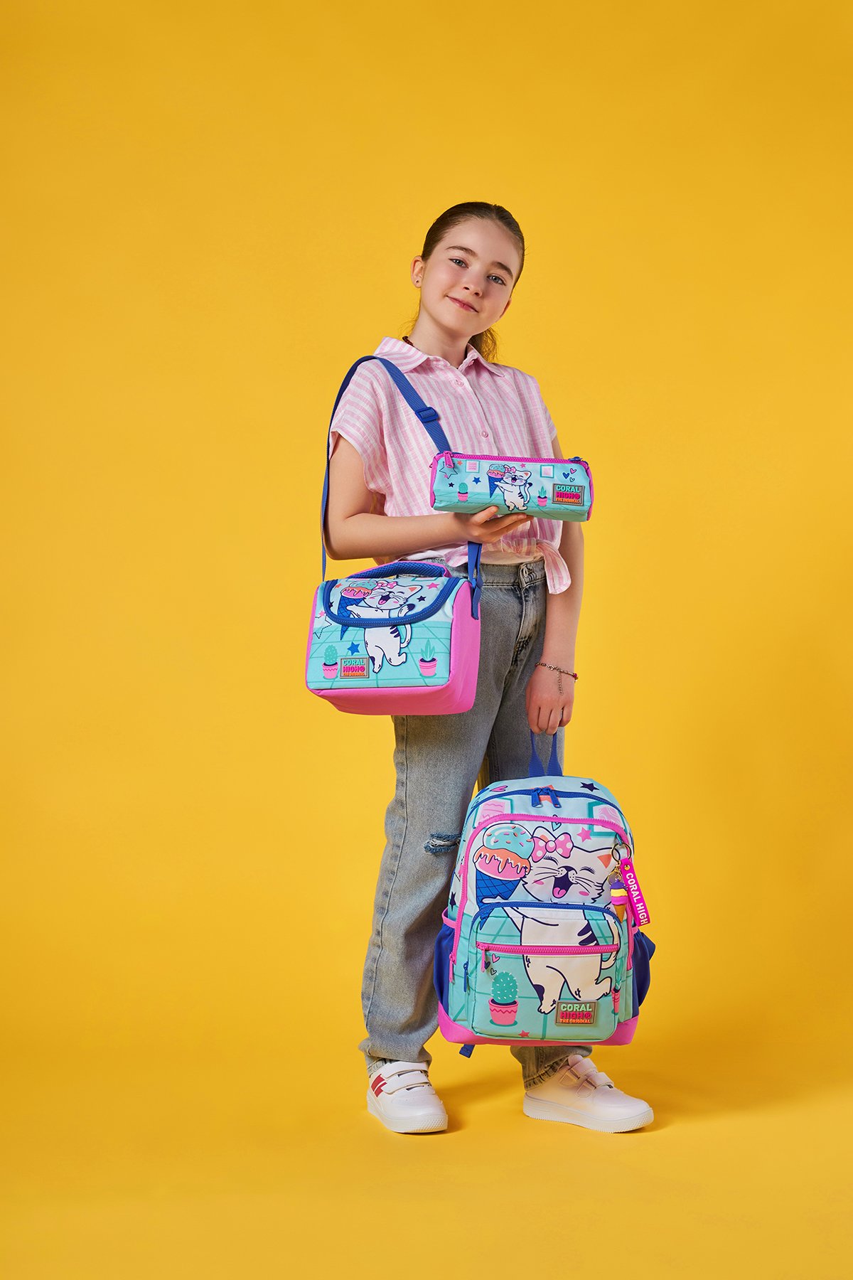 Coral High Kids Turkuaz Pembe Dondurmalı Kedi Desenli 3’lü Okul Çanta Seti SET0123751