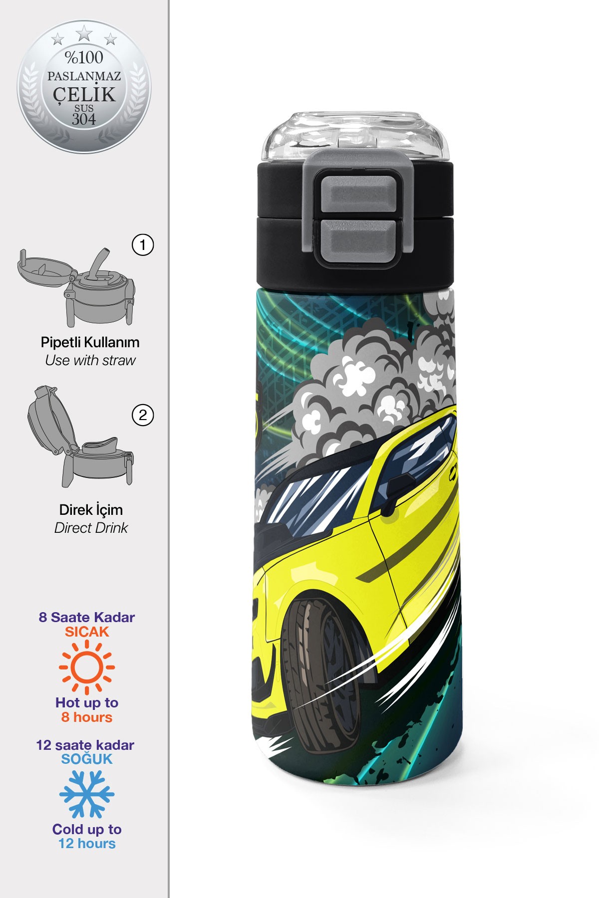 Coral High Kids Nefti Fosforlu Sarı Araba Desenli Pipetli ve Direkt İçim Çelik Termos 500 ml 31834