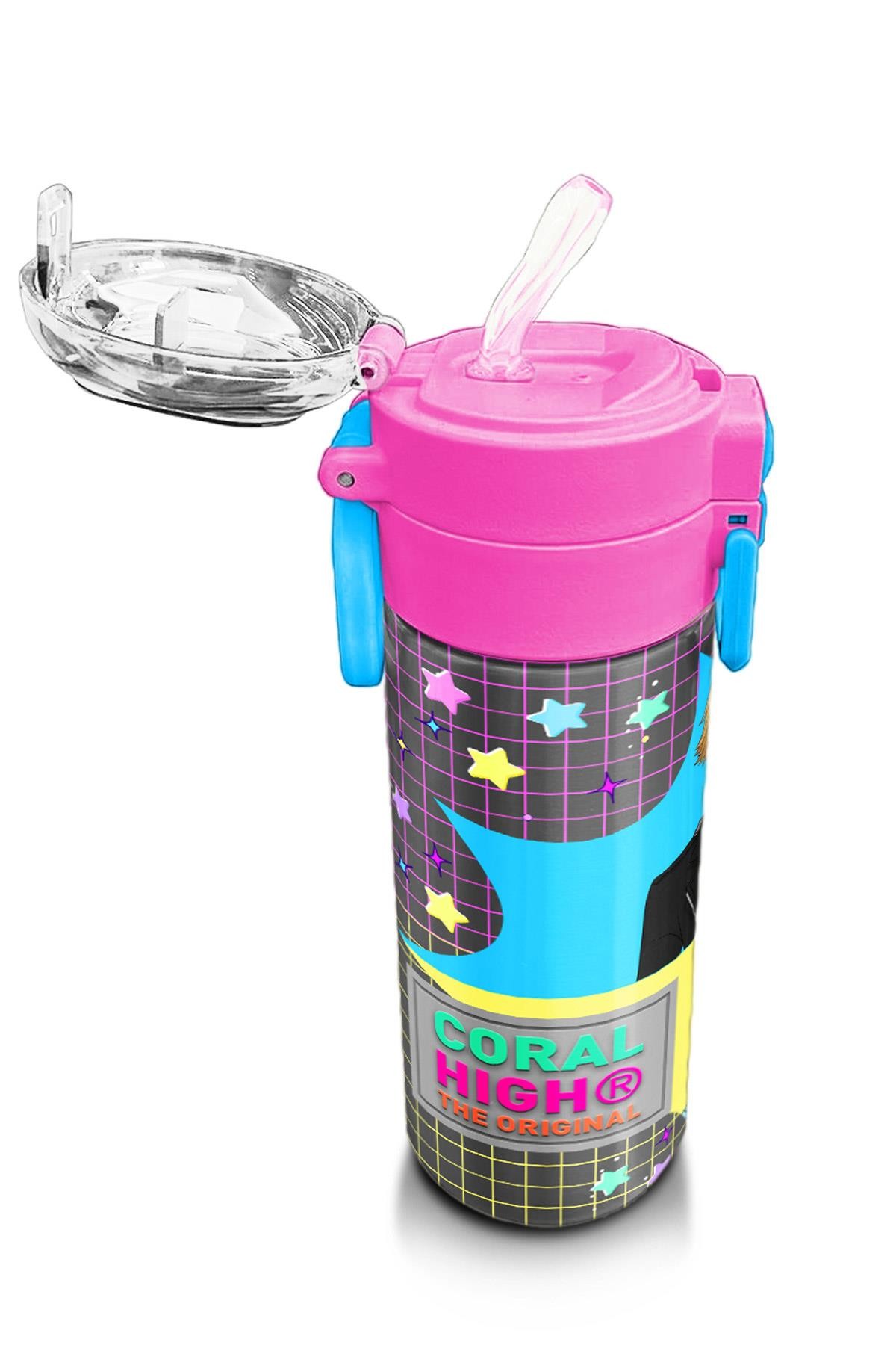 Coral High Kids Gri Mavi Pembe Anime Desenli Pipetli ve Direkt İçim Çelik Termos 500 ml 31943