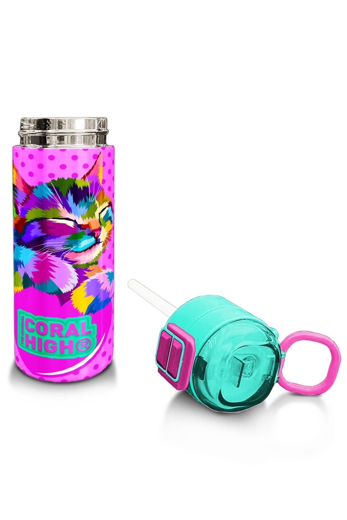 Coral High Kids Pembe Mavi Kedi Desenli Pipetli ve Direkt İçim Çelik Termos 500 ml 31842
