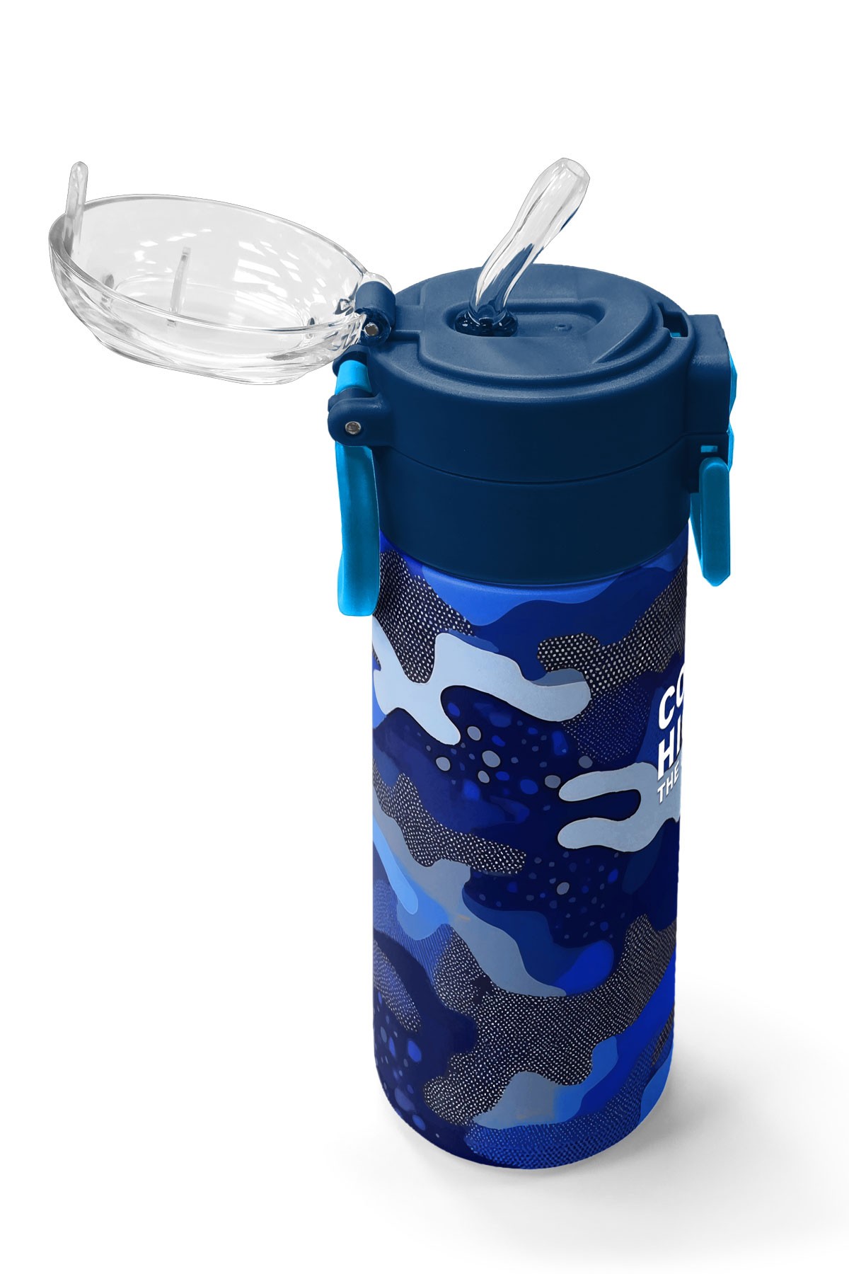 Coral High Kids Lacivert Saks Kamuflaj Desenli Pipetli ve Direkt İçim Çelik Termos 500 ml 31889