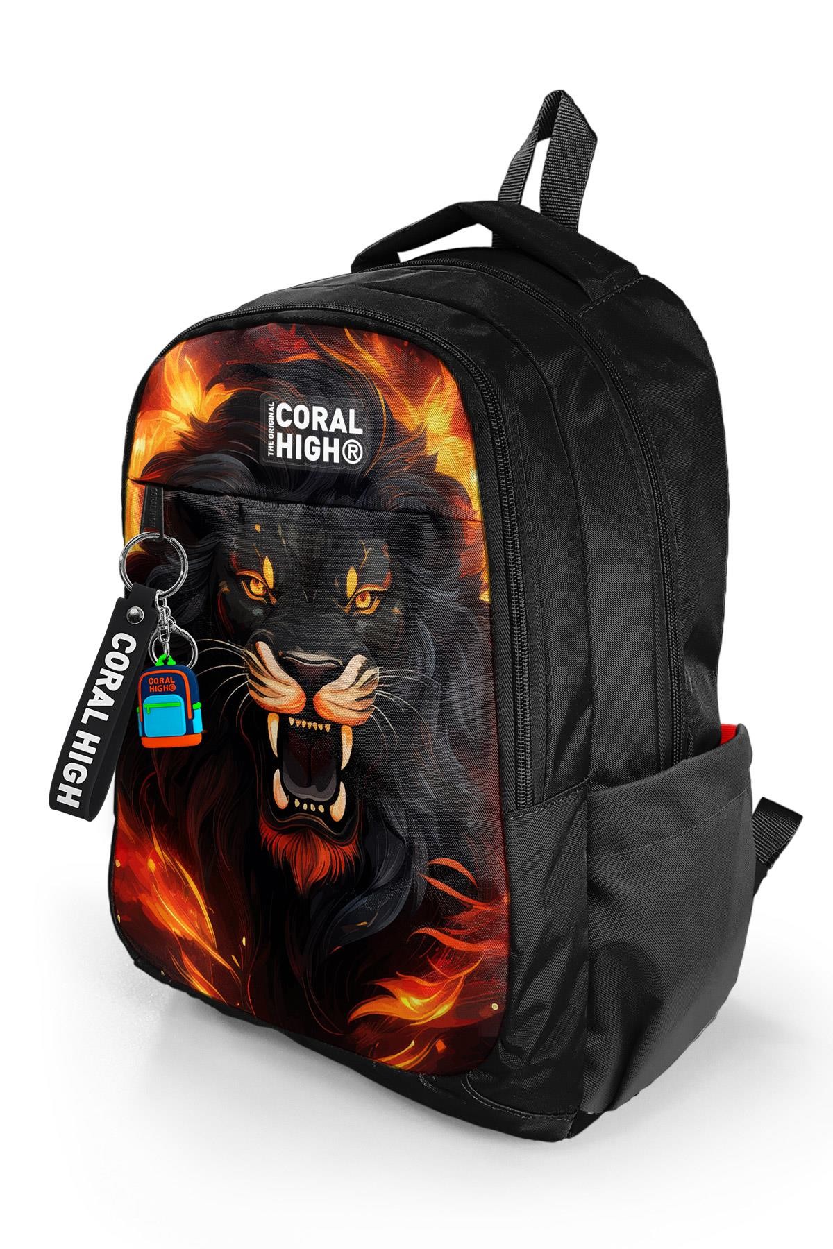 Coral High Kids Siyah Aslan Desenli Üç Bölmeli Okul Sırt Çantası 23671