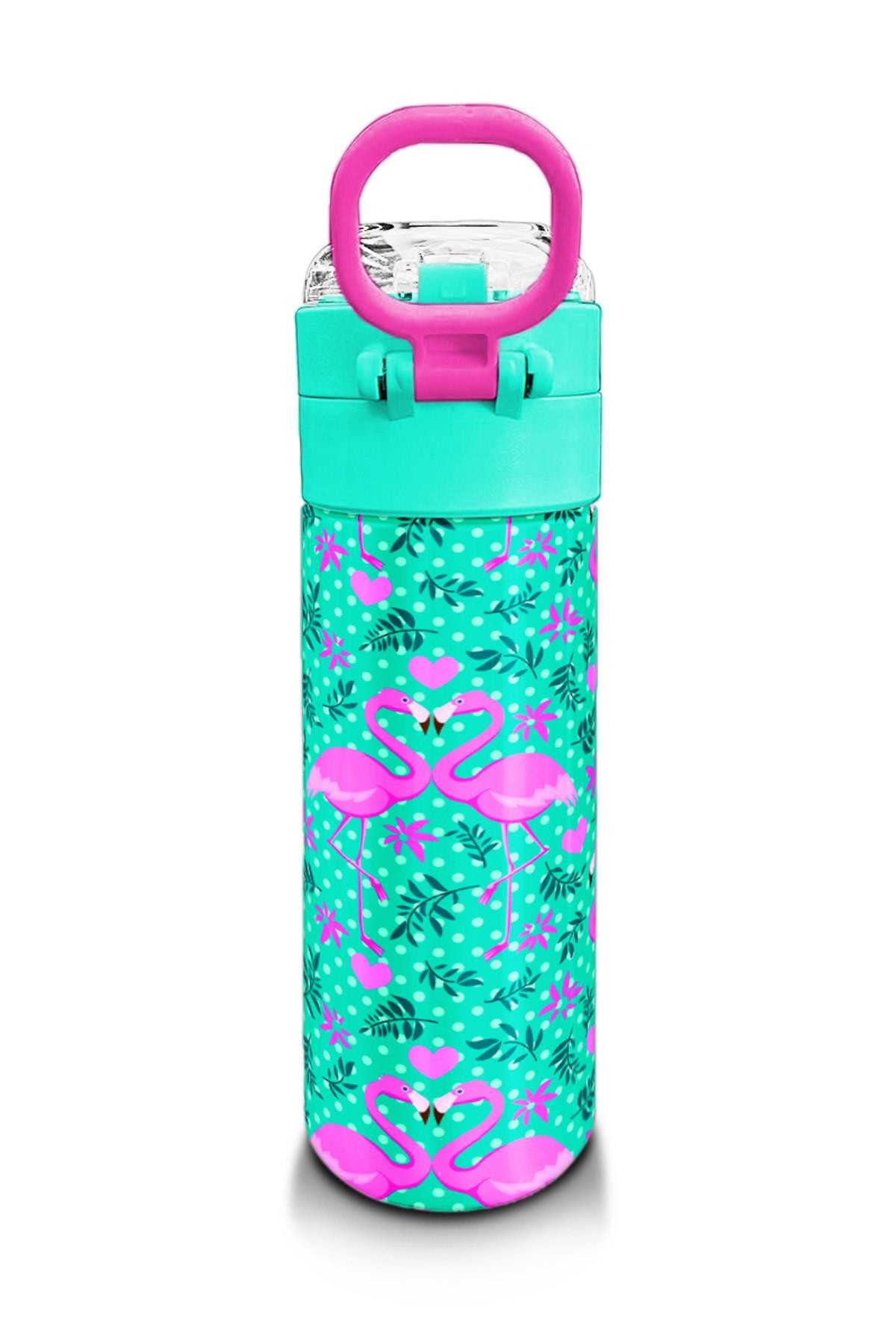 Coral High Kids Su Yeşili Pembe Flamingo Desenli Pipetli ve Direkt İçim Çelik Termos 500 ml 31926