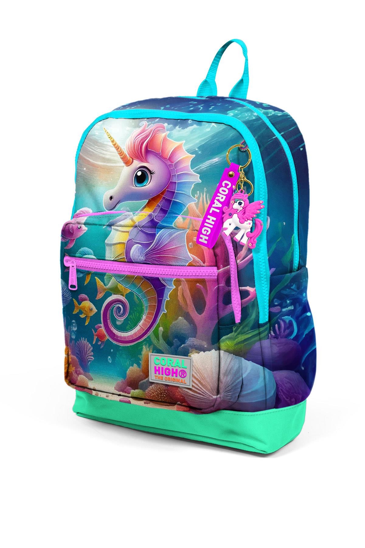 Coral High Kids Mavi Su Yeşili Denizatı Desenli Dört Bölmeli Okul Sırt Çantası 23772