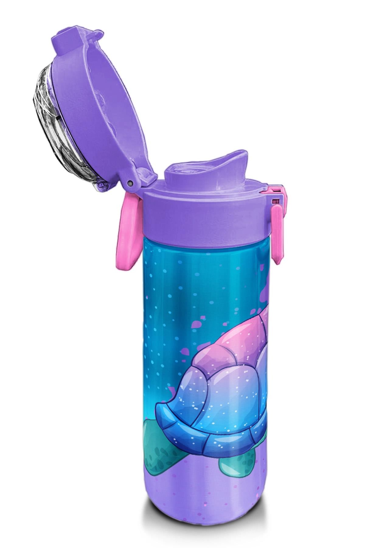 Coral High Kids Açık Pembe Mavi Kaplumbağa Desenli Pipetli ve Direkt İçim Çelik Termos 500 ml 31808