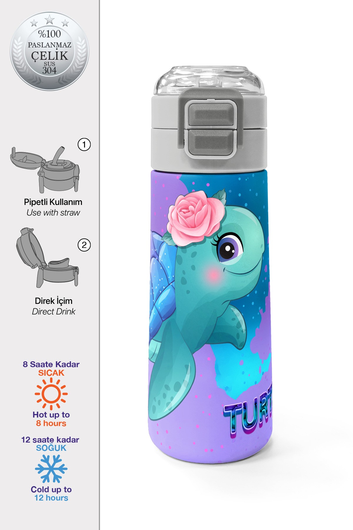 Coral High Kids Açık Pembe Mavi Kaplumbağa Desenli Pipetli ve Direkt İçim Çelik Termos 500 ml 31808