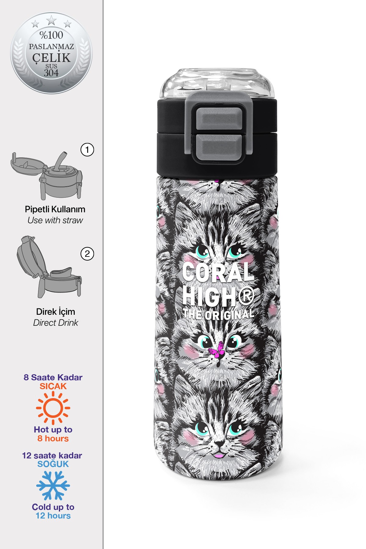 Coral High Kids Gri Kedi Desenli Pipetli ve Direkt İçim Çelik Termos 500 ml 31851