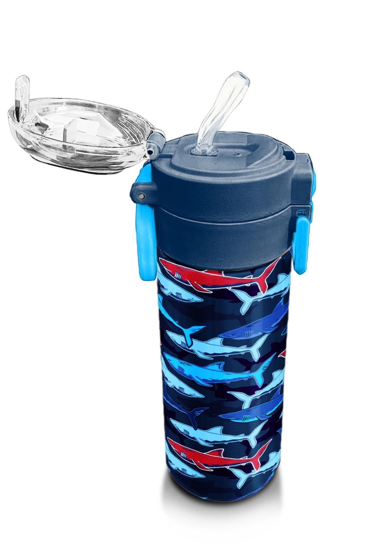 Coral High Kids Lacivert Kırmızı Köpek Balığı Desenli Pipetli ve Direkt İçim Çelik Termos 500 ml 31930