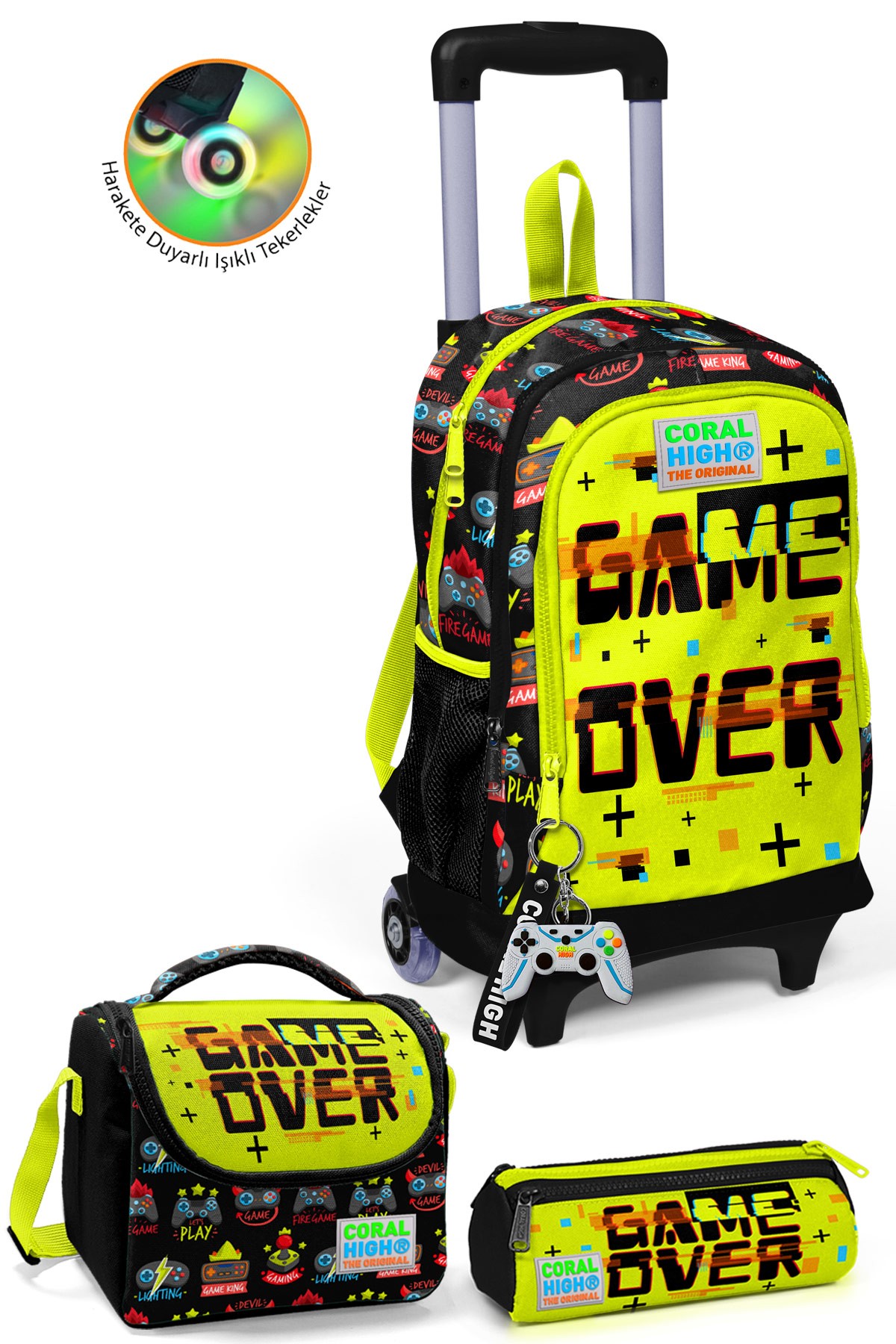 Coral High Kids Siyah Neon Sarı Game Over Desenli Çekçekli 3'lü Çanta Seti SET0123928