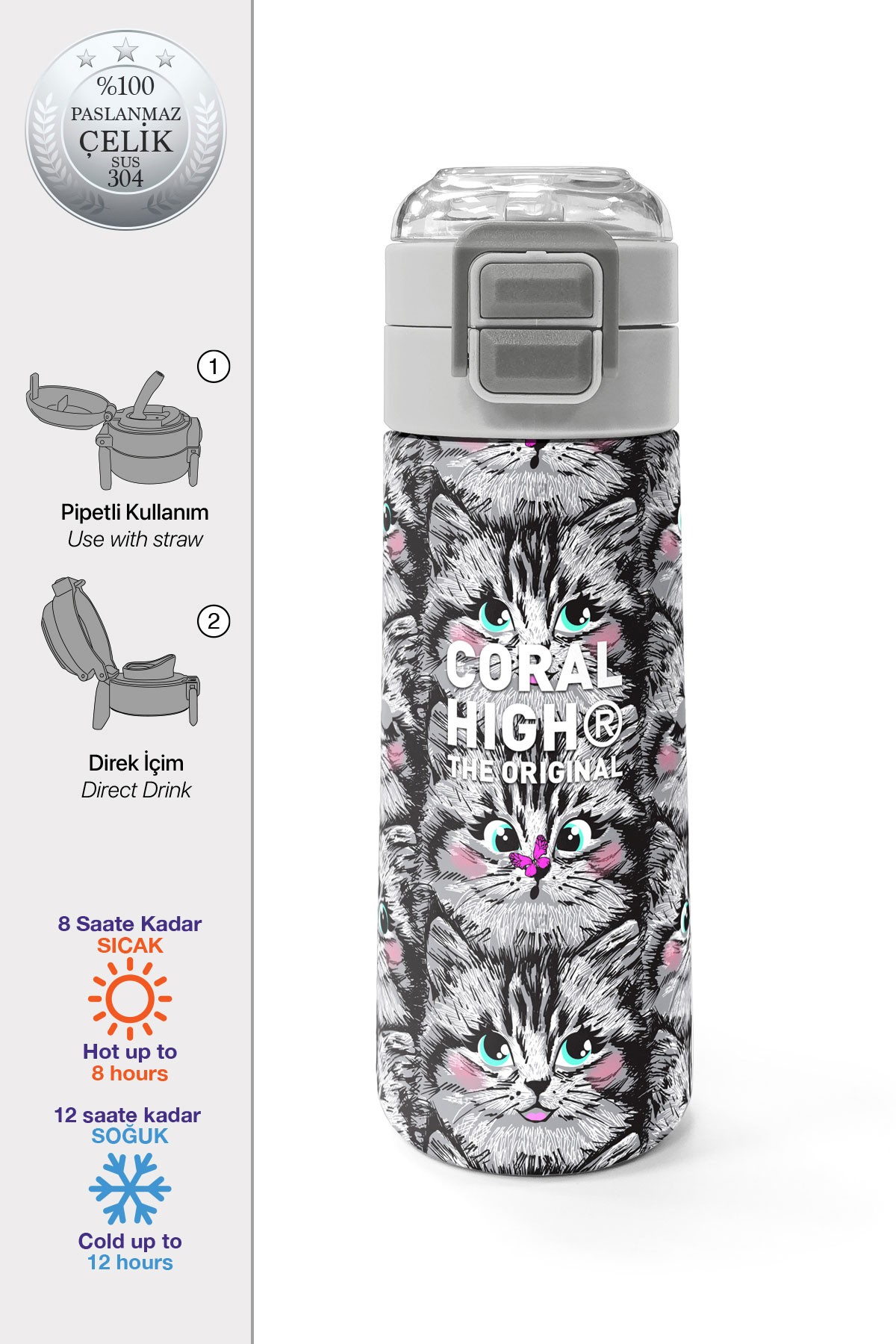 Coral High Kids Gri Kedi Desenli Pipetli ve Direkt İçim Çelik Termos 500 ml 31851