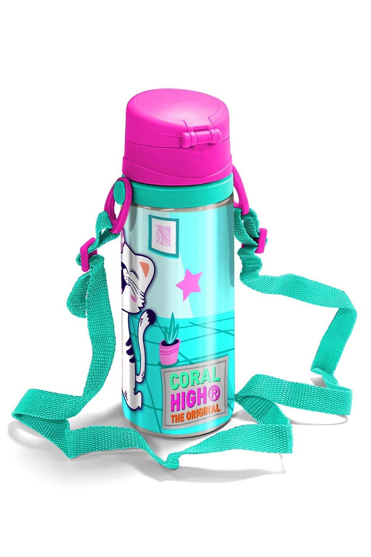 Coral High Kids Turkuaz Pembe Dondurmalı Kedi Desenli Pipetli Çelik Matara 600 ml 11960