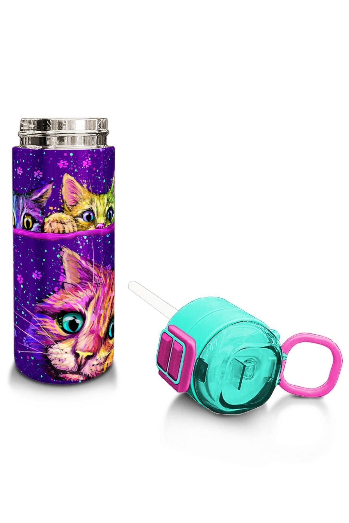 Coral High Kids Mor Pembe Kedi Desenli Pipetli ve Direkt İçim Çelik Termos 500 ml 31939