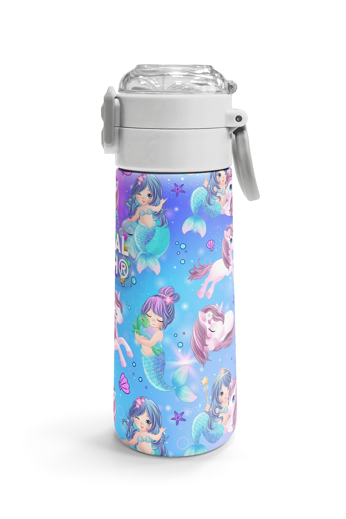 Coral High Kids Mor Pembe Unicorn Deniz Kızı Desenli Pipetli ve Direkt İçim Çelik Termos 500 ml 31982