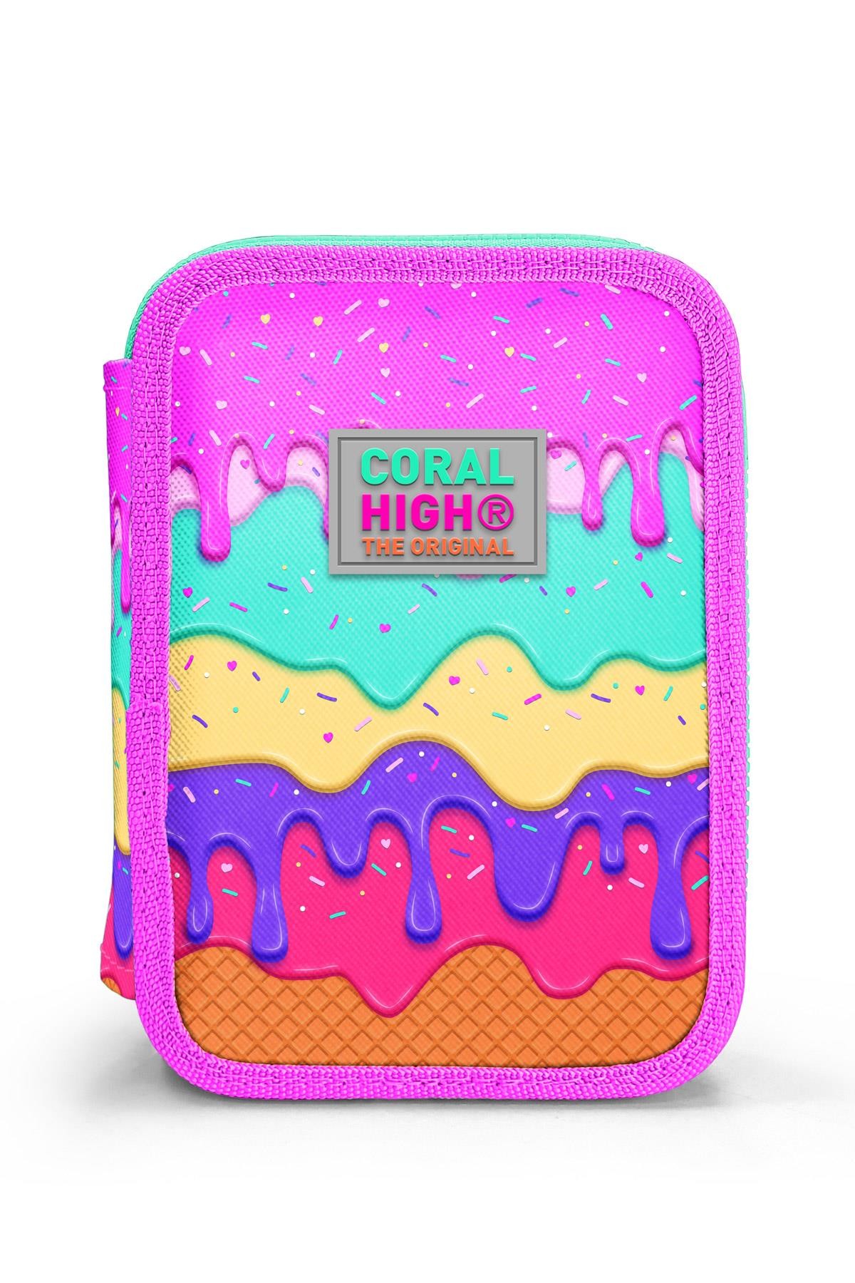 Coral High Kids Pembe Rengarenk Dondurma Desenli Çift Katlı Kalem Çanta 11131
