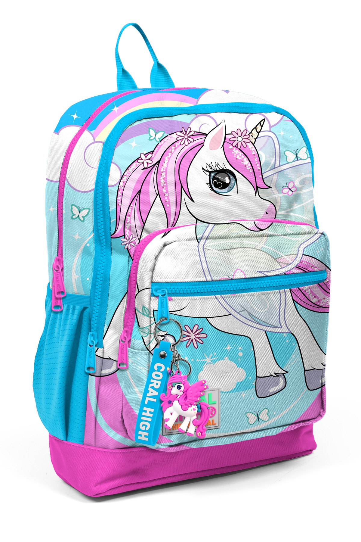 Coral High Kids Mavi Neon Pembe Ünicorn Desenli  Dört Bölmeli Okul Sırt Çantası 23711