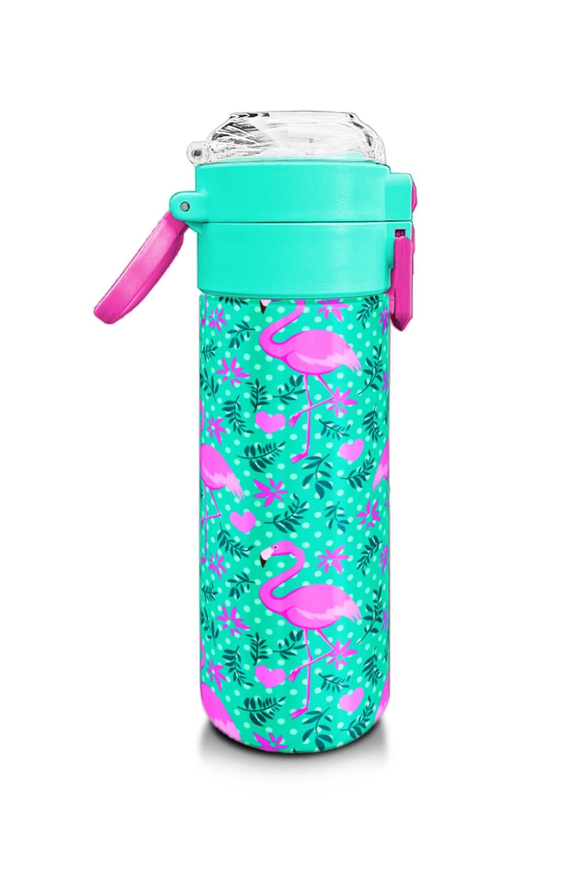 Coral High Kids Su Yeşili Pembe Flamingo Desenli Pipetli ve Direkt İçim Çelik Termos 500 ml 31926