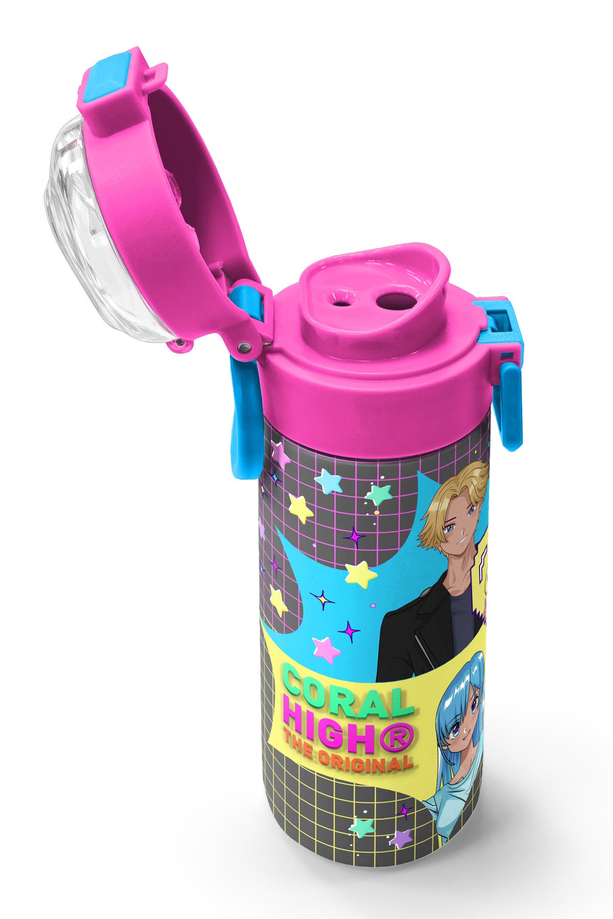 Coral High Kids Gri Mavi Pembe Anime Desenli Pipetli ve Direkt İçim Çelik Termos 500 ml 31943