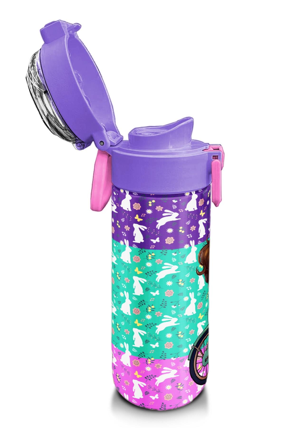 Coral High Kids Mor Pembe Bisikletli Kız Desenli Pipetli ve Direkt İçim Çelik Termos 500 ml 31797