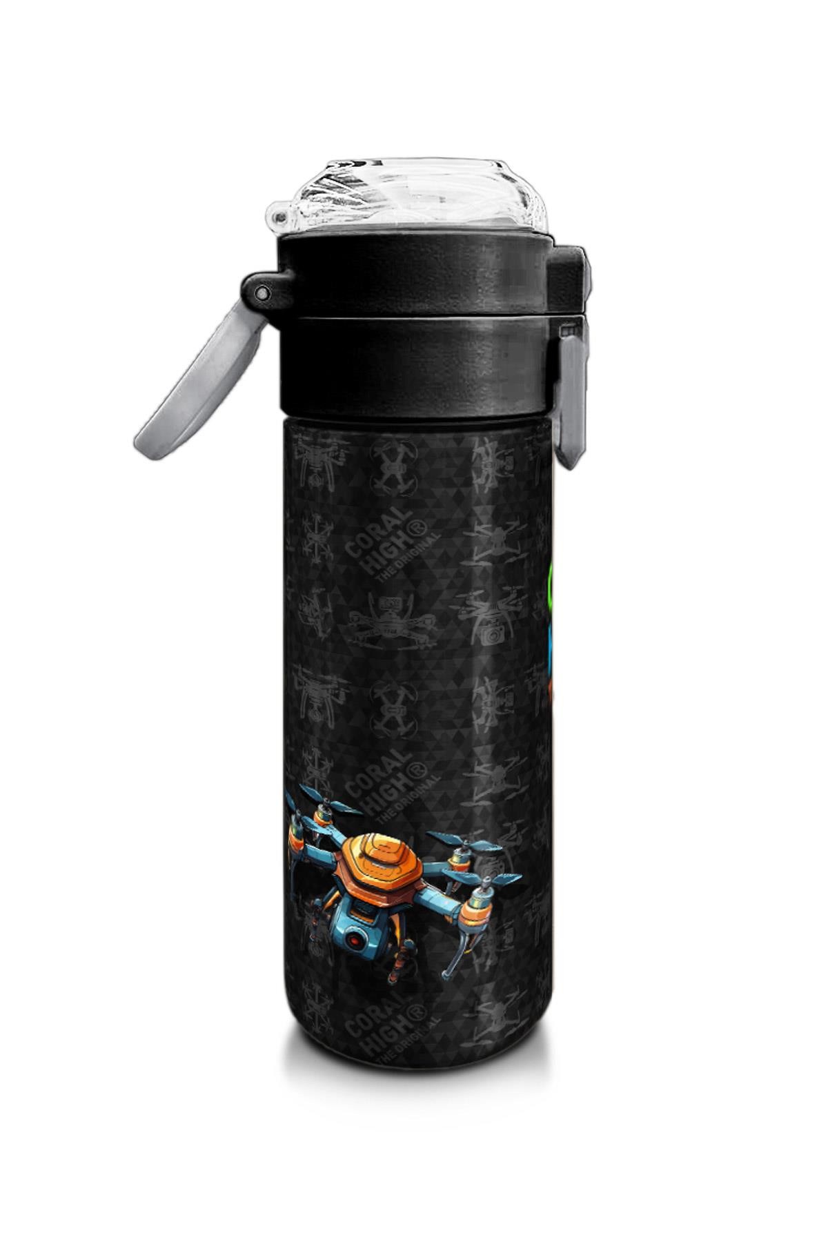 Coral High Kids Siyah Drone Desenli Pipetli ve Direkt İçim Çelik Termos 500 ml 31891