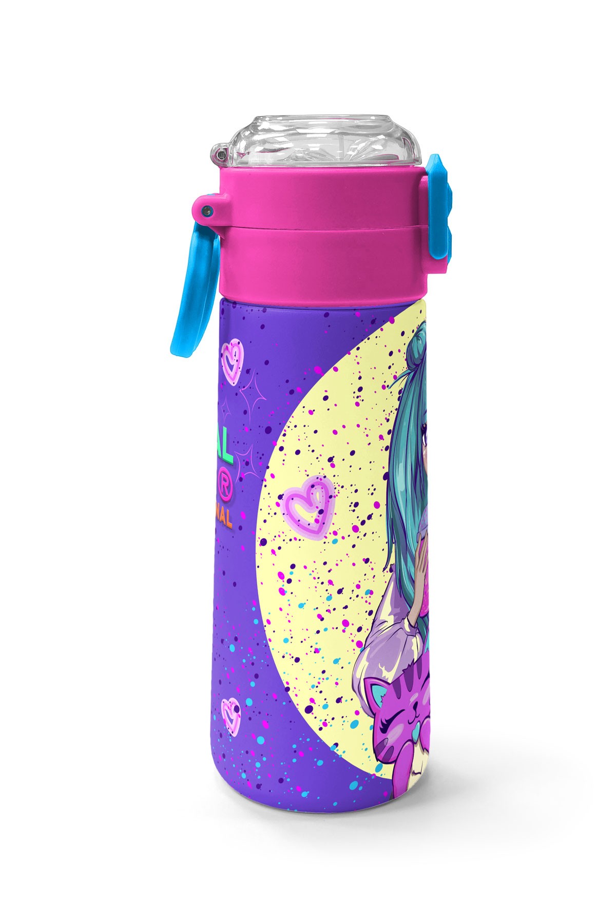 Coral High Kids Mor Pembe Anime Kız Desenli Pipetli ve Direkt İçim Çelik Termos 500 ml 31942