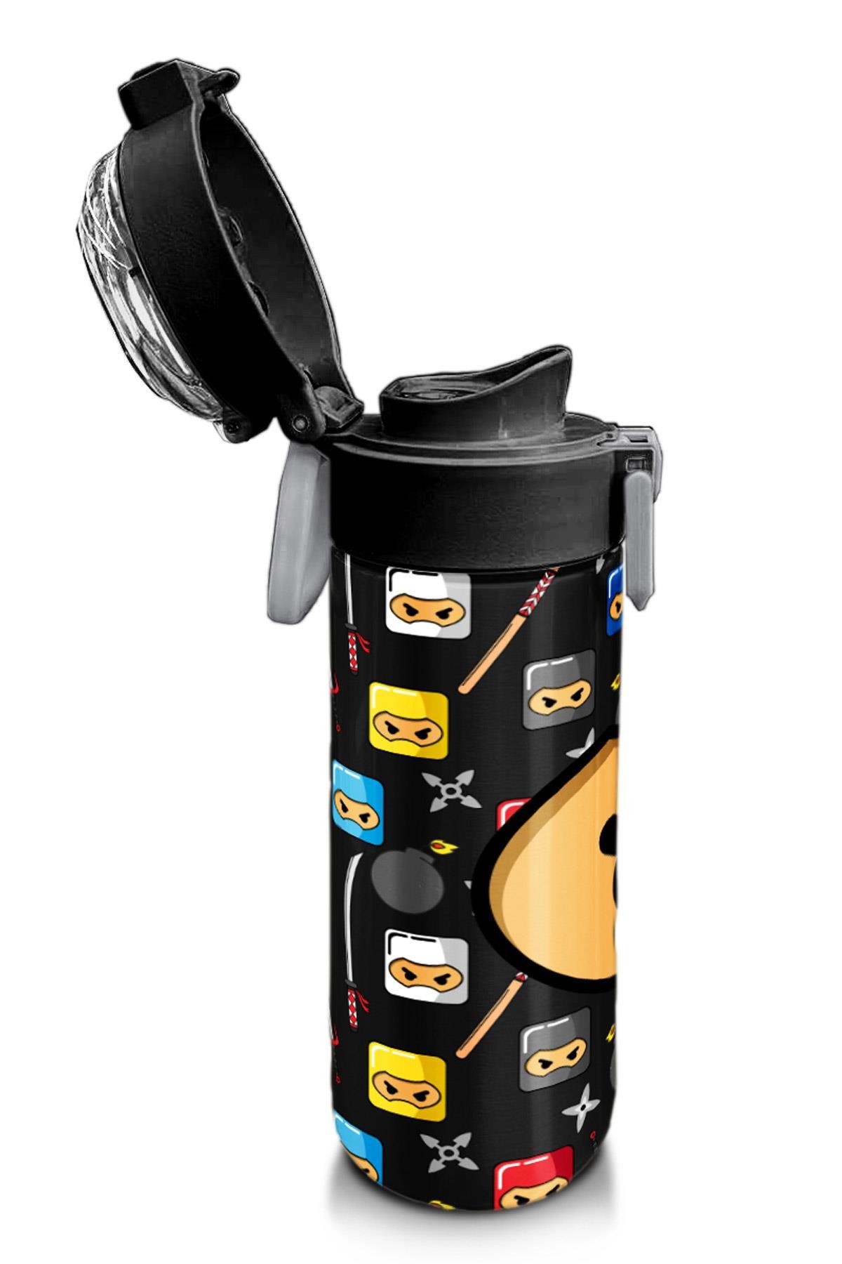 Coral High Kids Siyah Ninja Desenli Pipetli ve Direkt İçim Çelik Termos 500 ml 31919