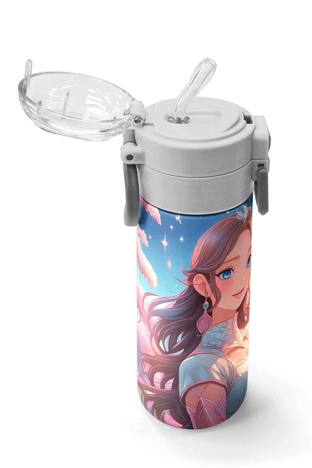 Coral High Kids Turkuaz Pembe Anime Kız Desenli Pipetli ve Direkt İçim Çelik Termos 500 ml 31858