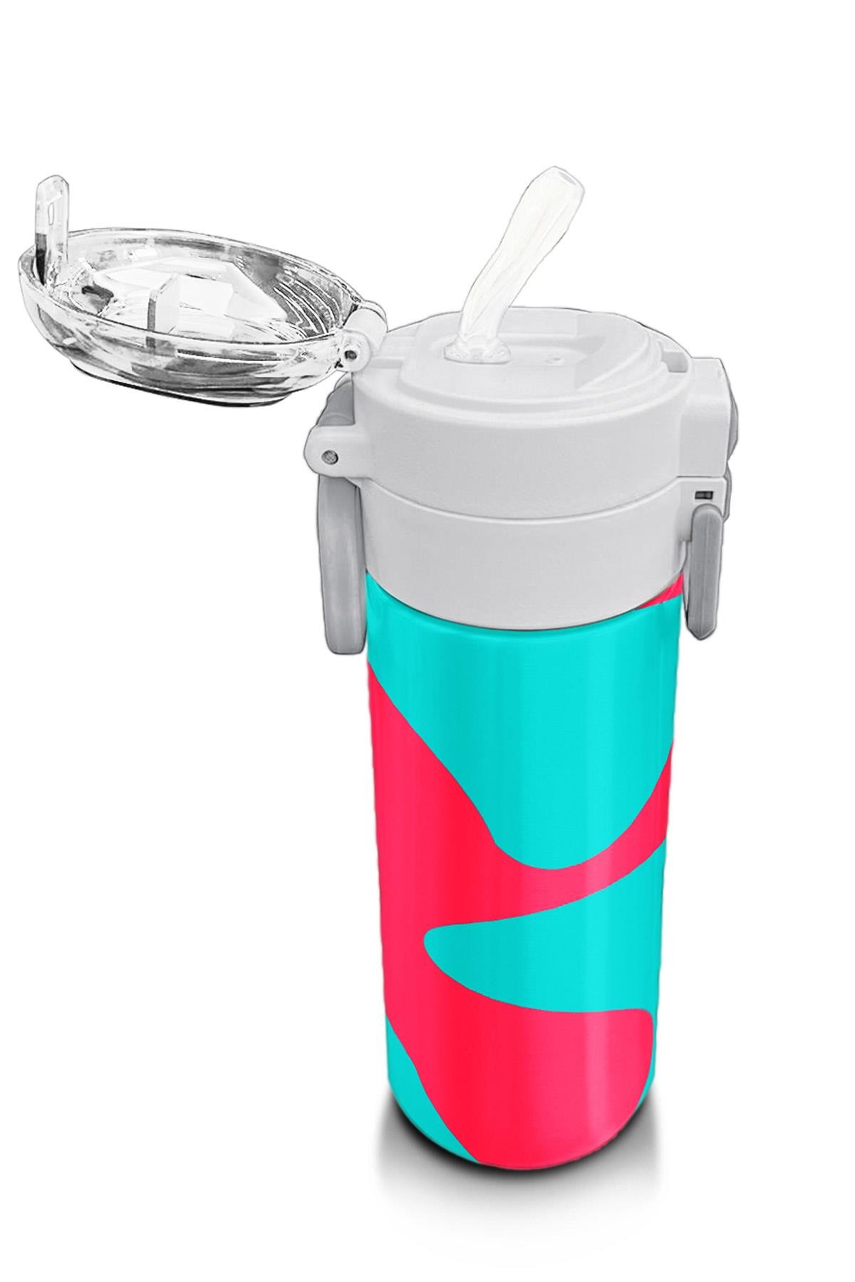 Coral High Kids Neon Mercan Turkuaz Desenli Pipetli ve Direkt İçim Çelik Termos 500 ml 31885