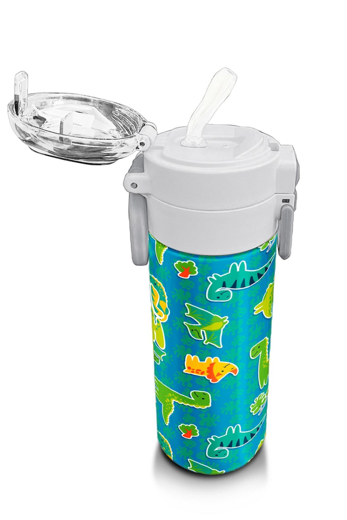 Coral High Kids Mavi Yeşil Dinozor Desenli Pipetli ve Direkt İçim Çelik Termos 500 ml 31798